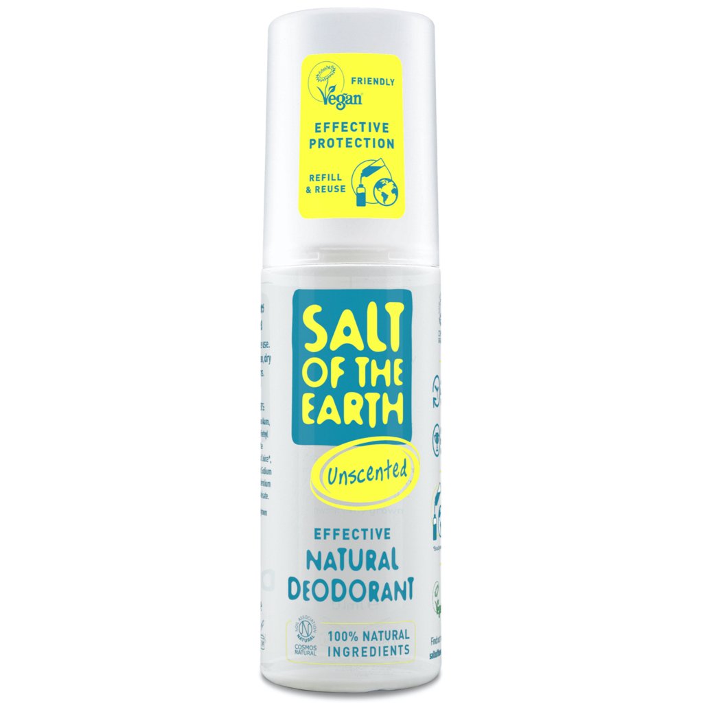 Salt of the Earth Unscented Natural Deodorant Spray 100ml.  Front of Pack.