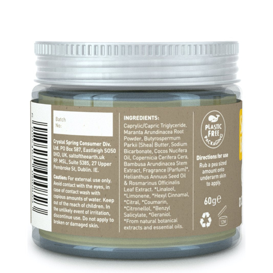 Left side of Amber & Sandalwood deodorant balm pack.  Ingredients, cautions, Directions for use, plastic free, 60g.