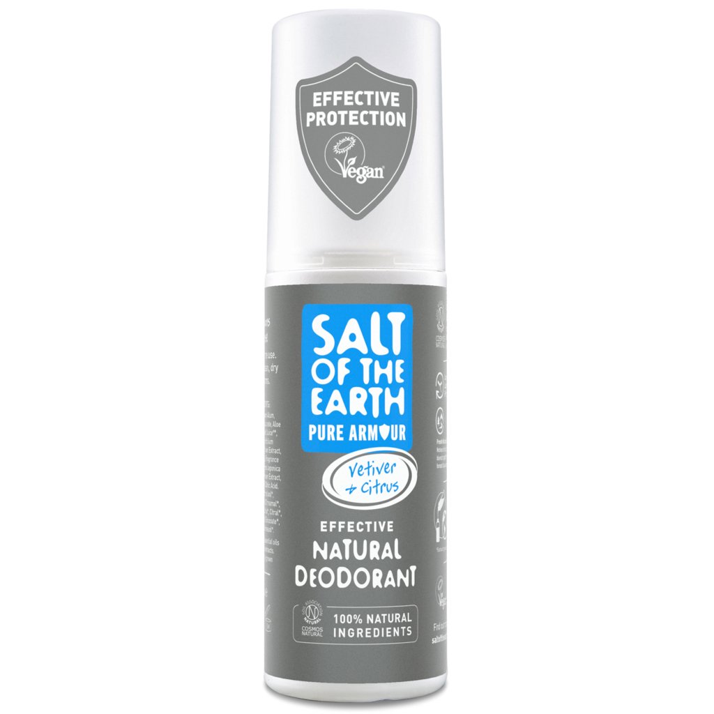 Salt of the Earth Pure Armour Vetiver & Citrus Natural Deodorant Spray.  Front of bottle.
