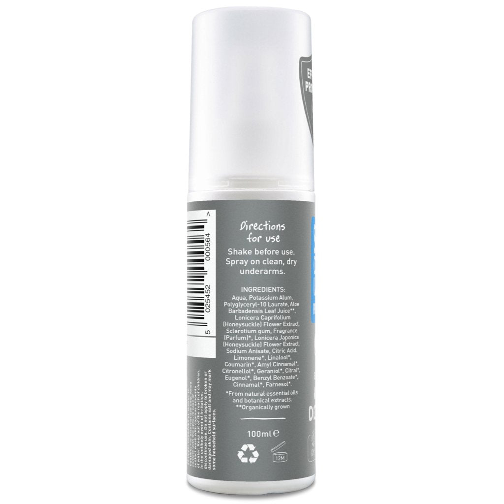 Salt of the Earth Pure Armour Vetiver & Citrus Natural Deodorant Spray.  Left side of bottle.
