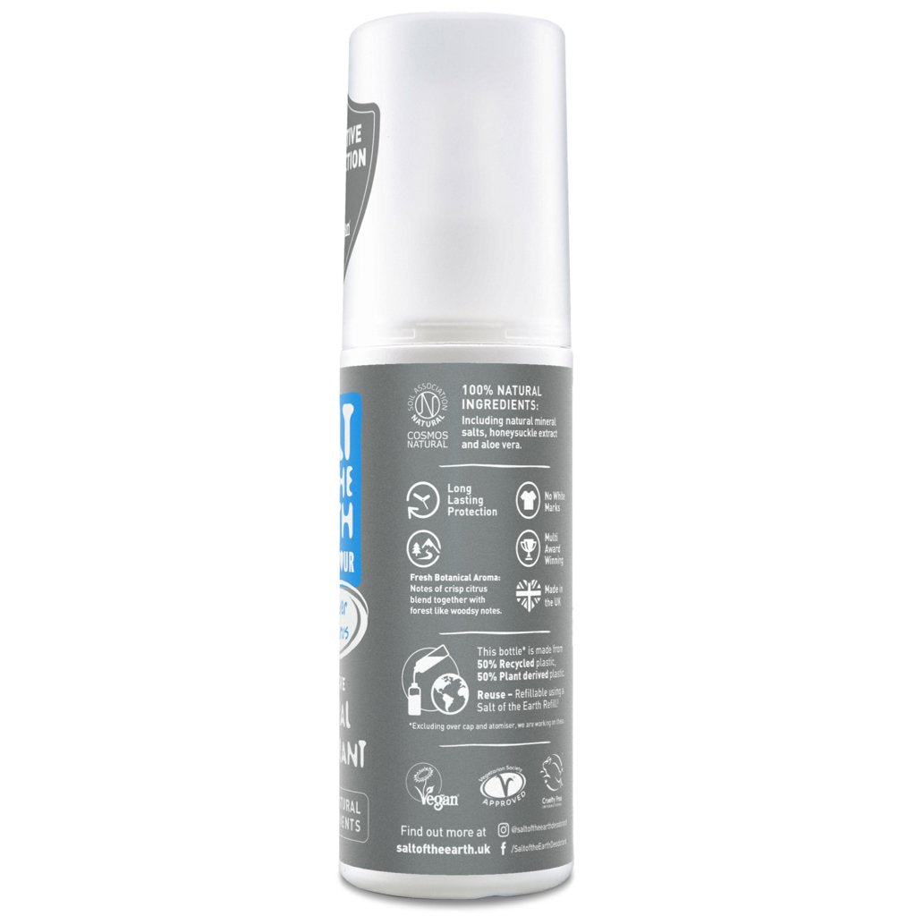 Salt of the Earth Pure Armour Vetiver & Citrus Natural Deodorant Spray.  Right side of bottle.