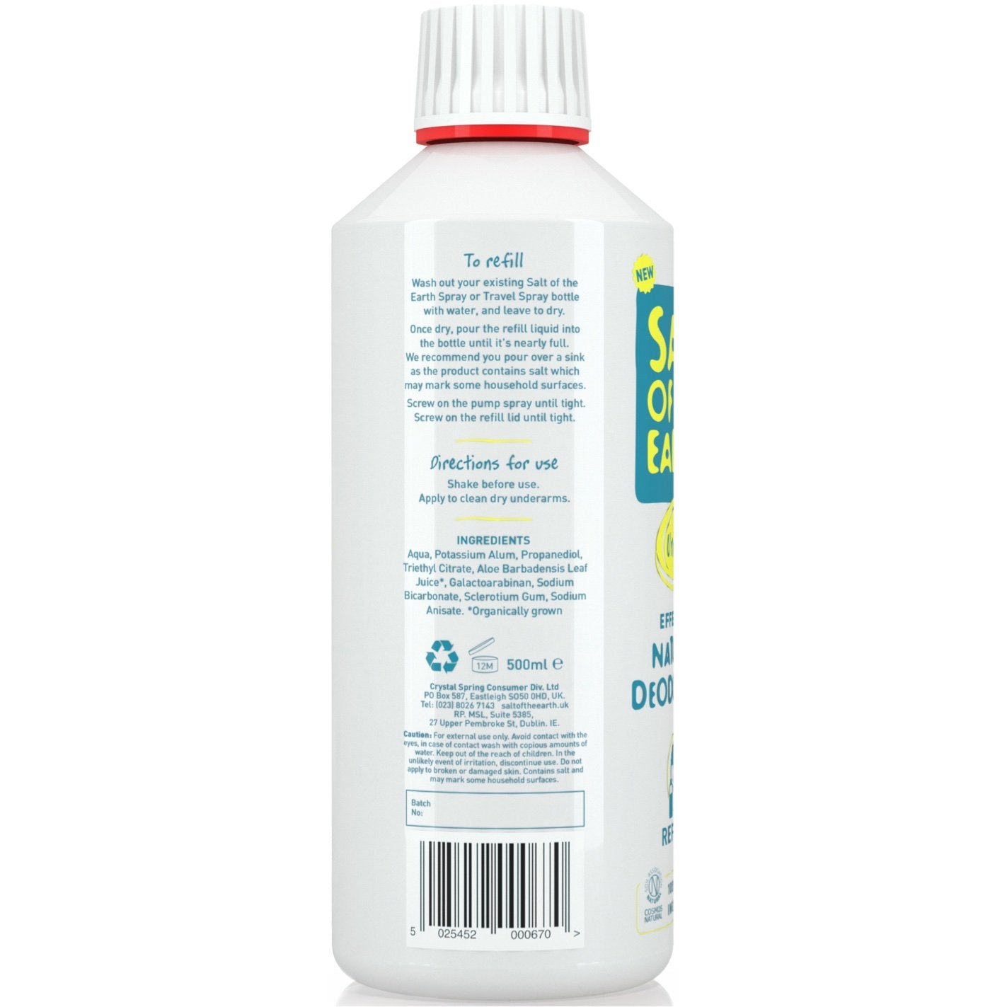 Salt of the Earth unscented natural deodorant spray refill 500ml left side of pack