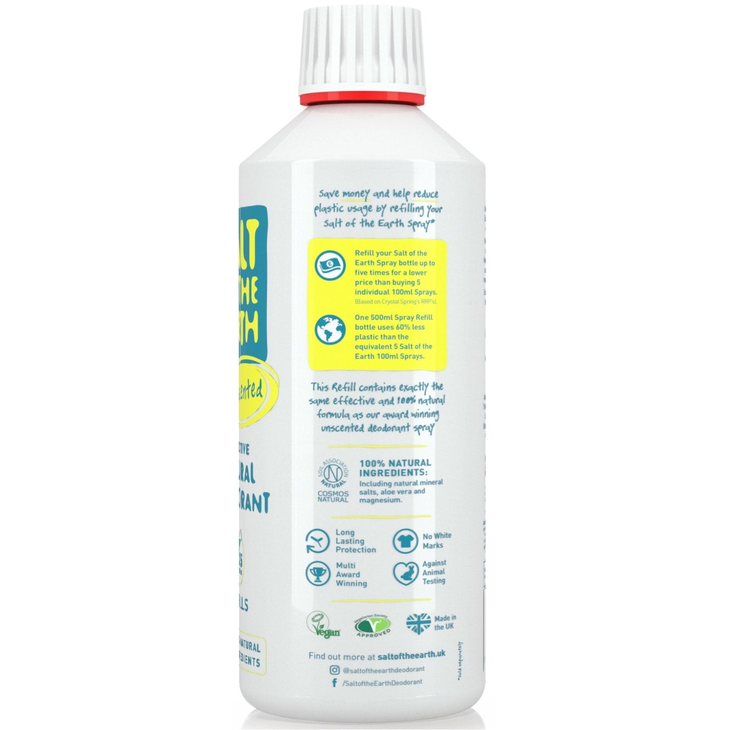 Salt of the Earth unscented natural deodorant spray refill 500ml right side of pack