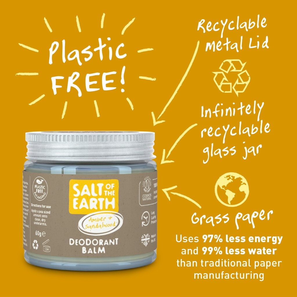 Plastic free deodorant balm in glass jar with grass paper label